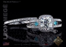 Split shank halo engagement with cushion diamond and Paraiba design by Leon Mege.
