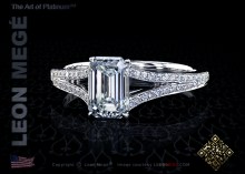 Split shank engagement ring with 1.18 emerald cut diamond by Leon Megé