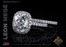 811™ Adrianna halo engagement ring featuring a 3.03 carat cushion cut diamond with micro pave by Leon Megé