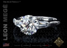 Three stone engagement ring featuring a 1.51 carat round diamond by Leon Mege.