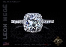 811™ Halo engagement ring featuring a 1.45 carat cushion cut engagement ring by Leon Megé