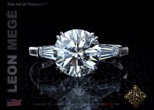 Three stone engagement ring featuring a round diamond by Leon Mege.