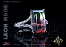 Couture solitaire featuring a bi-color 7.00 carat tourmaline emerald with micro pave by Leon Megé