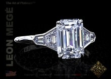 Five stone ring featuring a 2.75 carat emerald cut diamond and bezel-set side stones with millegrained edge by Leon Mege.