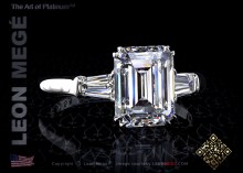 Three stone engagement ring featuring Emerald cut diamond by Leon Mege.