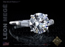 Three stone engagement ring featuring a round diamond by Leon Mege.