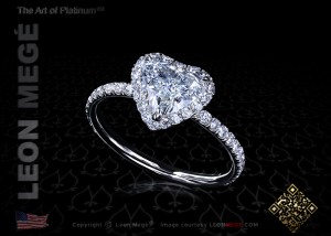 Halo engagement ring featuring a 1.01 carat heart shaped diamond by Leon Megé
