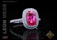 Double halo right hand ring featuring a vibrant natural pink sapphire by Leon Megé